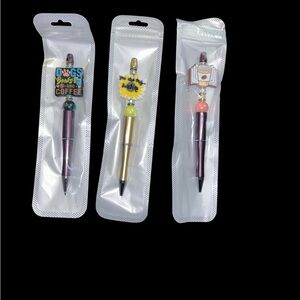 Set of 3 Decorative Clip Pens with Charms - Metallic Purple & Gold